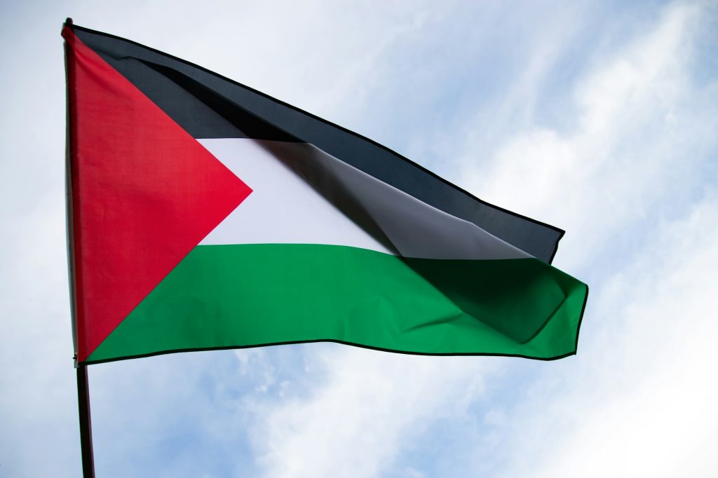 Close up view of the flag of Palestine waving in the wind