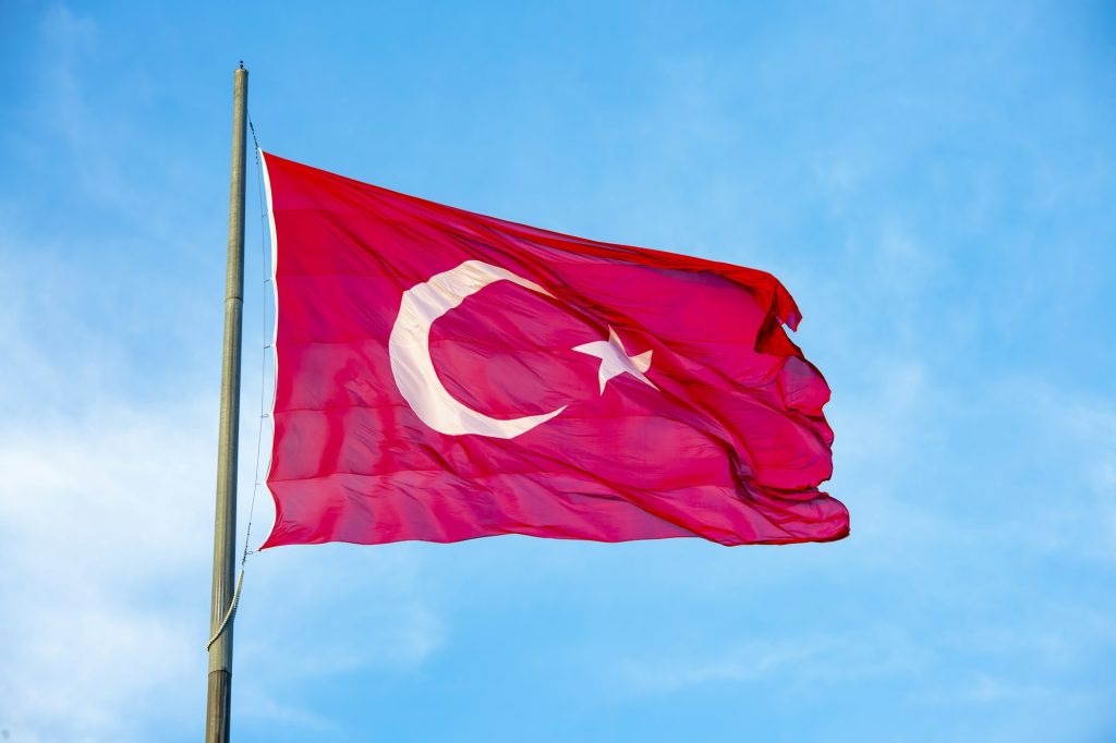 Turkey flag waving in blue cloud sky